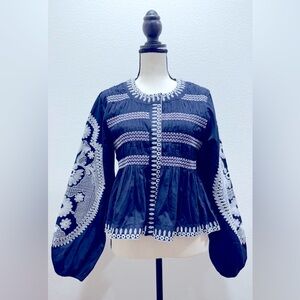 7 For All Mankind Embroidered Puff Sleeve Snap Button Jacket In Navy NWT